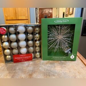 Shatterproof Christmas Ornament Set and LED Starburst Tree Topper Gold & Silver